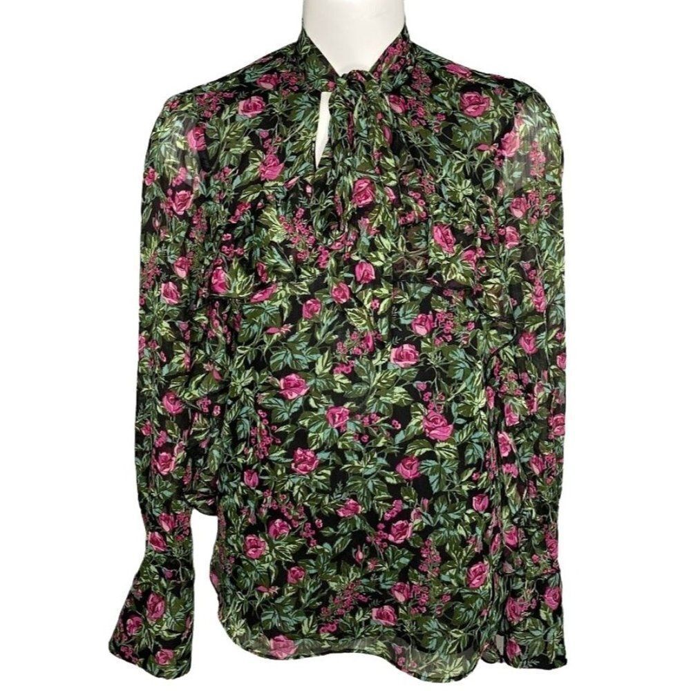 HIghline Collection Black Green Purple Floral Ruffle‎ Neck Tie Chiffon Sz Small